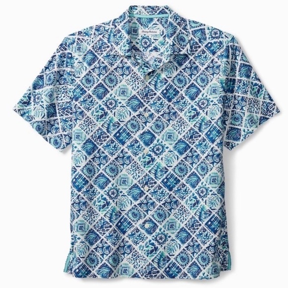 TOMMY BAHAMA Tivoli Tiles Madras Hawaiian Shirt Men’s Large Hawaiian Party Polo - Picture 2 of 9